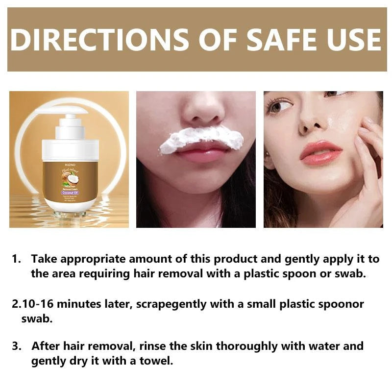 Coconut Oil Facial Hair Remover Cream, Gentle Formula for Lips & Face, Quick Root Dissolution, Moisturizing, Smooth Skin, No Spots